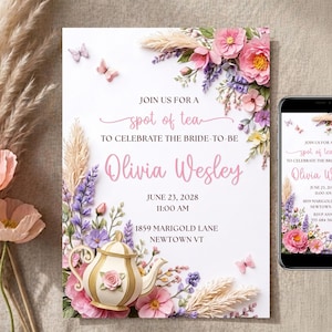 Set di inviti per addio al nubilato a tema floreale con tè e inviti mobili, invito per la sposa "È ora di un tè", invito con teiera di fiori selvatici