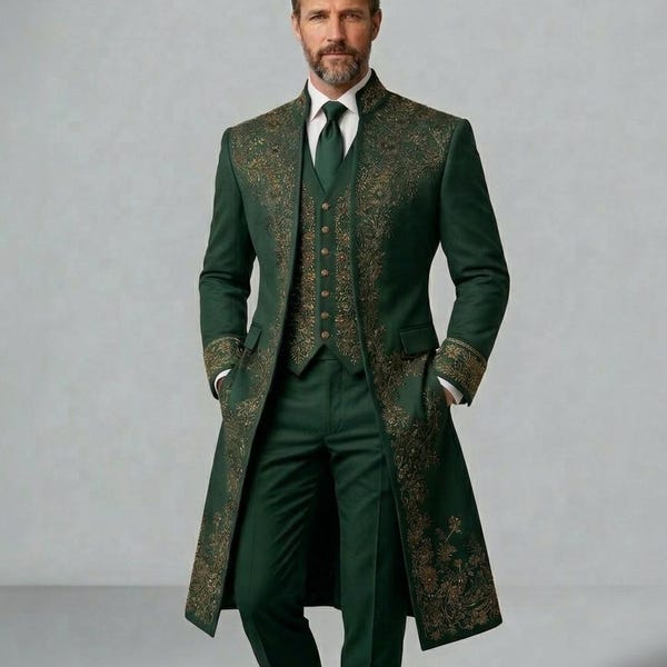 Hand Made Men’s Luxury Gothic Victorian Embreld Green Tailcoat Ensemble – Embroidered Steampunk Formal Wear