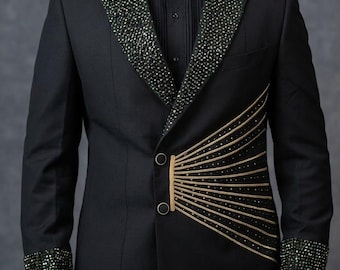 Luxury Black Tuxedo with Gold Sunburst Embroidery & Emerald Sequin Cuffs - Custom Men's Wedding Blazer