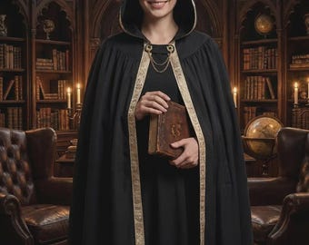 Elegante capa negra con capucha, manto renacentista, ribete bordado, manto gótico para cosplay.