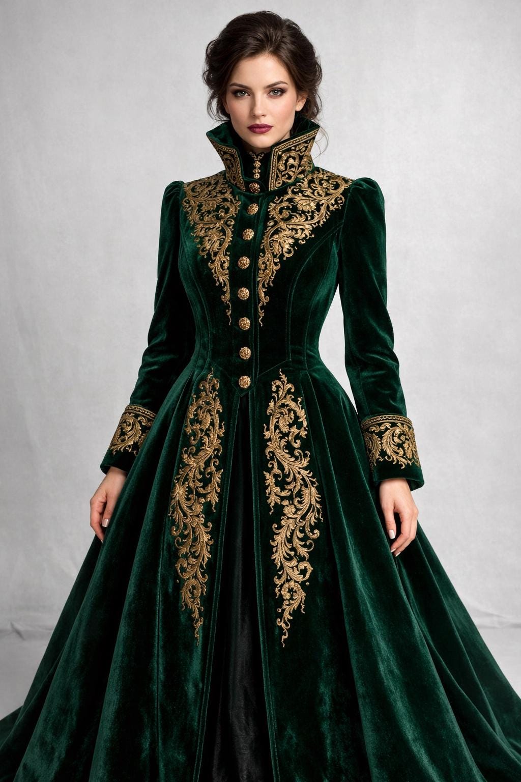 dress gold velvet green Green Velvet Maxi Dress With White Velvet Embroidery And Gold Buttons RAISA VANESSA INT