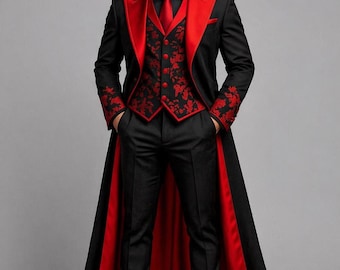 Costume de costume gothique 3 pièces pour homme noir rouge, tenue de mariage steampunk victorienne, cosplay de vampire