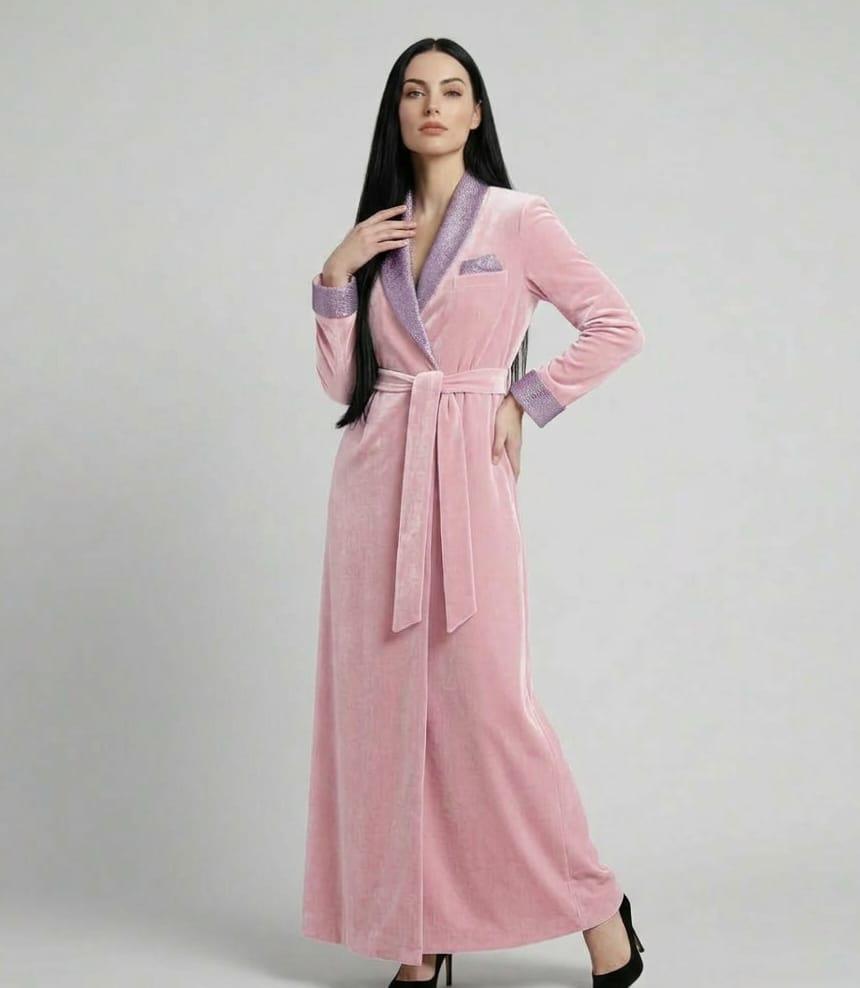 Customized Light Pink Velvet Long Robe With Gold Trim | Luxury Dressing ...