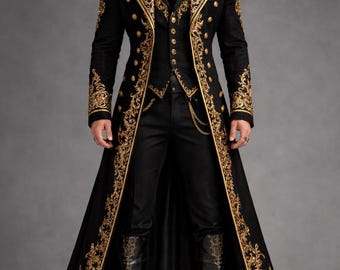 May include: A black and gold embroidered coat, vest, and pants ensemble. The long coat features ornate gold detailing along the edges and sleeves. The vest has gold buttons and a decorative chain. The outfit is completed with black boots.