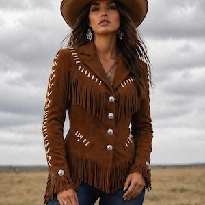 Pode incluir: Casaco de camurça castanho com franjas e costuras brancas. O casaco tem botões prateados e é combinado com um chapéu de cowboy castanho e calças de ganga azuis. Estilo western clássico.