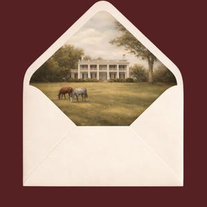 May include: An off-white envelope reveals a painting of a white mansion with a green lawn and two horses grazing. The background is a cloudy sky and trees. The envelope is set against a dark red background.