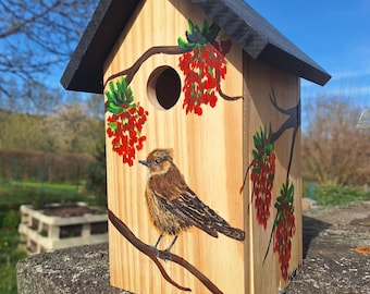 Nido per uccelli dipinto a mano/ Casetta per uccelli dipinta/ Passero/ Fiori/ Oggetto unico/ Decorazione/ Giardino