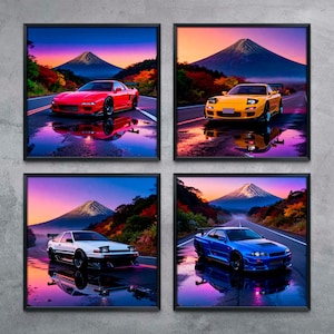 May include: Four framed prints featuring colorful sports cars on a wet road with a mountain backdrop. The cars are red, yellow, white, and blue. The mountain is white with a colorful sky.