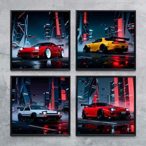 Könnte beinhalten: Vier gerahmte Kunstdrucke mit stilisierten Illustrationen von Sportwagen in einer futuristischen Stadtlandschaft. Die Autos sind rot, gelb, weiß und rot, vor dem Hintergrund von neonbeleuchteten Wolkenkratzern und einer nassen Straße.