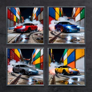 Può includere: Un set di quattro stampe da parete incorniciate raffiguranti auto sportive rosse, blu, argento e gialle che derapano tra container colorati di notte. Ogni auto è circondata dal fumo degli pneumatici su una superficie di cemento bagnato.