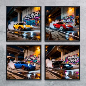 Puede incluir: Un conjunto de cuatro láminas de pared cuadradas y enmarcadas que muestran un coche deportivo amarillo, rojo, azul y negro derrapando bajo un paso elevado de hormigón por la noche. Cada imagen muestra un coche rodeado de humo de neumáticos.