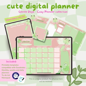 Pode incluir: Conjunto de modelos de planejador digital em cores pastel. A imagem apresenta modelos de planejador mensal, semanal e diário, além de uma lista de tarefas e um bloco de notas. O design inclui ilustrações de sapos e o texto "cute digital planner".