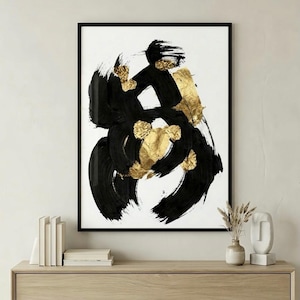 Abstract Wall Art Print, White Black & Gold Modern Decor, Digital Download