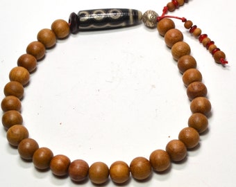 Sandalwood 27 bead mala with silver-inlaid dzi bead 2743