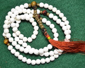 108 carved shell bead mala M251