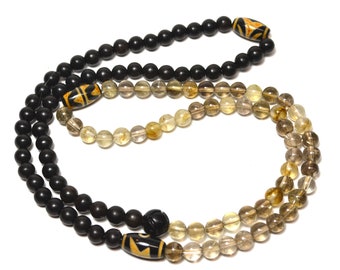 Ebony wood & smokey quartz 108 bead mala M262