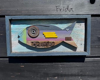 FRAMED Reclaimed Cedar Fish: Decor, Rustic Fish Sculpture, Beach Accent Piece, Marine Art
