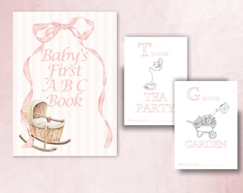 Vintage Girly Bow Coloring Book, Baby Girl Alphabet Book, Baby's First ABC Book, Baby Shower Activity, Baby Shower Game, Baby Keepsake Book
