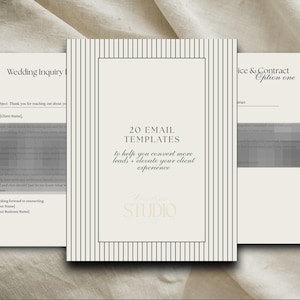 May include: Three cream-colored templates with text. The center template reads "20 EMAIL TEMPLATES to help you convert more leads + elevate your client experience." The left template says "Wedding Inquiry." The right template says "ice & Contract Option one."