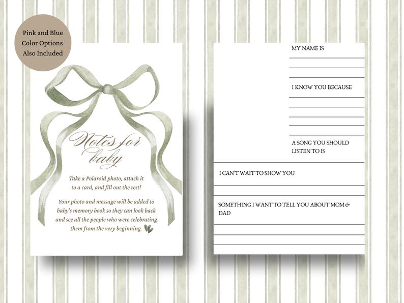 May include: Baby memory cards featuring a green ribbon design. The cards have prompts for guests to write messages and attach a Polaroid photo. The text on the card reads "Notes for Baby".