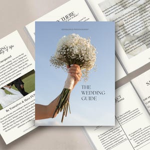 May include: A wedding guide with the title "The Wedding Guide" and a photo of a bouquet of white flowers. The guide is surrounded by other pages with text and images, including a sample timeline and tips.
