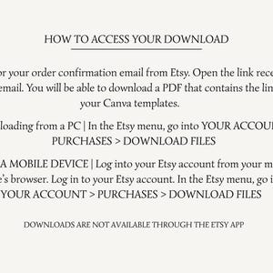 May include: A cream-coloured page with black text detailing how to access a digital download from Etsy. Instructions include checking the order confirmation email, and downloading from a PC or mobile device. The text also states that downloads are not available through the Etsy app.
