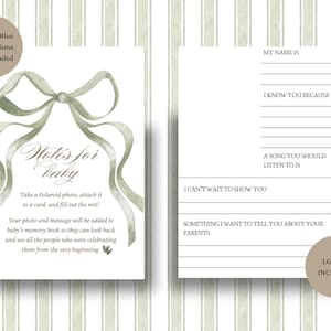May include: Two-sided baby memory book card with a watercolor bow design. The card includes prompts for guests to write messages and attach a Polaroid photo. Text includes "Notes for baby" and "Pink and Blue Color Options Also Included."