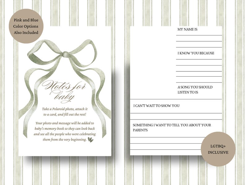 May include: Baby memory book card with a watercolour bow design. The card has prompts for guests to write messages and attach a Polaroid photo. Text includes "Notes for baby" and "Pink and Blue Color Options Also Included."