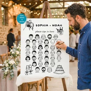 Op de afbeelding: Een wit trouwbord met zwarte lijntekeningen. Het bord toont de namen "Sophia + Noah" en de tekst "please sign in here". Het bevat tekeningen van een stel, champagne en gezichten voor gasten om te ondertekenen. Een persoon schrijft op het bord.