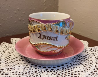 Antique 1890’s Pink Luster ‘A Present’ Victorian Souvenir Teacup with Saucer - German