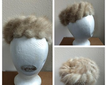 Vintage Real Fur Mink Hat 1950s 1960s Pillbox Mini Hat Spiral Pattern Patrice Beige Mod Hat