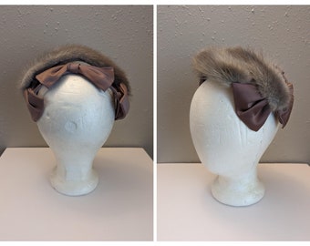 Vintage Winter Wedding 40s 50s Gray Satin Fur Vintage Hat - Mrs Maisel Style Hat - Fascinator Hat Headband - Grey Birdcage Hat - Union Made