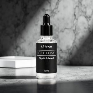 May include: A clear glass bottle with a black dropper top. The bottle has a black label with the text "Orivion" and "PEPTIVA Peptide Infused." The bottle contains 15 ml of product.