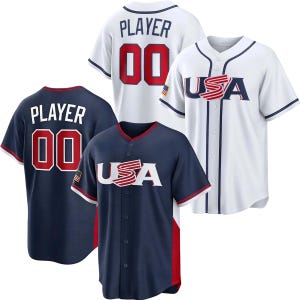 May include: Four baseball jerseys in white and navy blue. Two jerseys have "PLAYER" and the number "00" on the back. The other two jerseys have "USA" on the front. All jerseys have red and white accents.