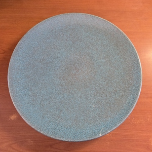 May include: A round, teal-colored plate with a speckled texture. The plate is set against a wooden surface. The plate's design is simple and functional, suitable for serving food.