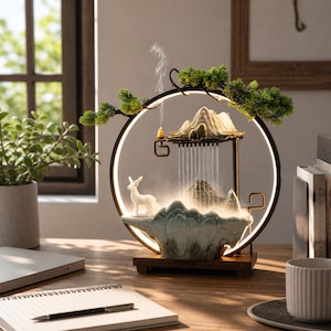 May include: A decorative indoor water fountain with a circular frame, featuring a mountain scene, a small deer figurine, and a waterfall effect. The fountain has a wooden base and is accented with green foliage.