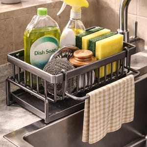 Kitchen Sink Organizer Rack – Faucet Mounted Sponge Holder with Drain Tray Dish Soap Storage
