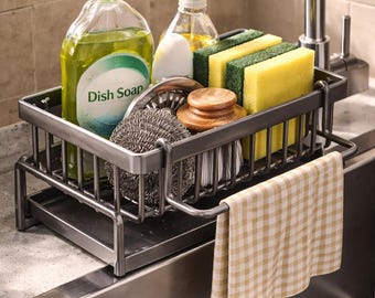 Kitchen Sink Organizer Rack – Faucet Mounted Sponge Holder with Drain Tray Dish Soap Storage