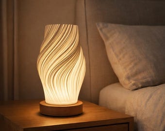 Spiral Table Lamp Dimmable LED Night Light with Wood Base – Modern Bedside Lamp