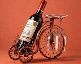 Copper Bicycle Wine Bottle Holder with Glass Rack Vintage