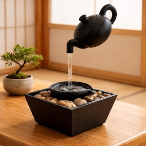 May include: A black teapot-shaped fountain with water flowing into a small basin set in a square, black planter filled with stones. A small bonsai tree sits nearby on a wooden table. The fountain creates a calming, zen-like atmosphere.