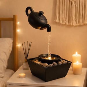 May include: A black teapot-shaped fountain with water flowing into a square basin filled with stones. The fountain sits on a white nightstand, with candles and a macrame wall hanging in the background. The water stream is illuminated.