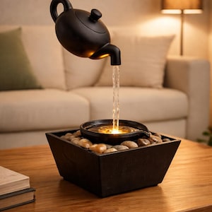 May include: A black teapot-shaped fountain with water flowing into a square basin filled with stones. The fountain is illuminated, creating a warm glow. The water feature sits on a wooden table in a living room setting.