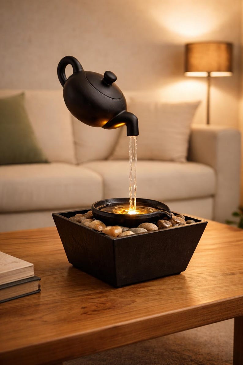 May include: A black teapot-shaped fountain with water flowing into a square basin filled with stones. The fountain is illuminated, creating a warm glow. The water feature sits on a wooden table in a living room setting.