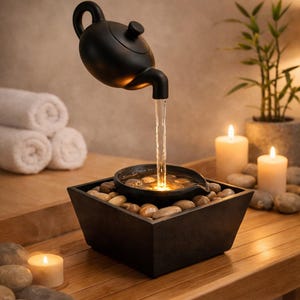May include: A black teapot fountain with water flowing into a square basin filled with stones. The fountain is set on a wooden surface, with candles and a small bamboo plant in the background. A spa-like setting.