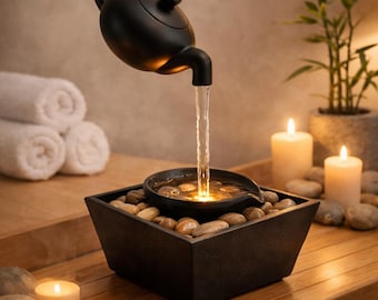 Floating Teapot Zen Water Fountain Indoor Tabletop Waterfall Fountain with LED Light