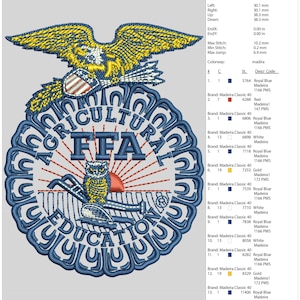 May include: An embroidery design file for the FFA logo featuring a yellow eagle, a blue shield with red and white stripes, and a central owl perched on a plow. The circular emblem includes the text AGRICULTURAL EDUCATION and FFA in blue.