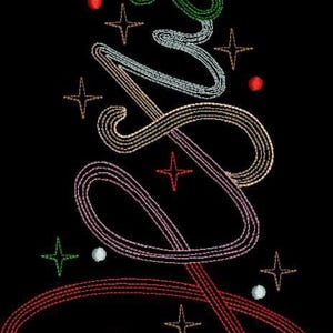 May include: An embroidered Christmas tree design on a black background, featuring a gold star at the top, a base with gold lines, and swirling ribbons in green, silver, tan, pink, and red, accented with small colorful dots and star shapes.