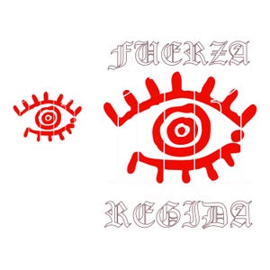 May include: A graphic design featuring two red stylized eye illustrations with long lashes. The word FUERZA is written in a black outlined gothic font above the larger eye, and the word REGIDA is written in the same font style below it.