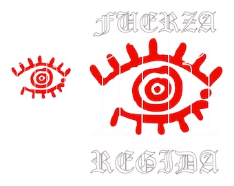 Pode incluir: Um design gráfico apresentando duas ilustrações de olhos vermelhos estilizados com cílios longos. A palavra FUERZA está escrita em uma fonte gótica com contorno preto acima do olho maior, e a palavra REGIDA está escrita no mesmo estilo.